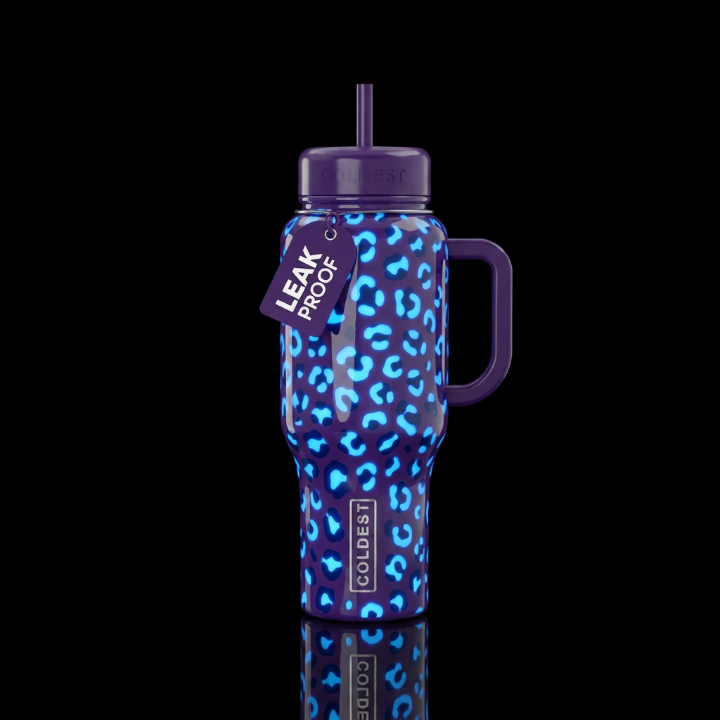 Deep purple with glowie candy blue leopard print,g... water bottle design