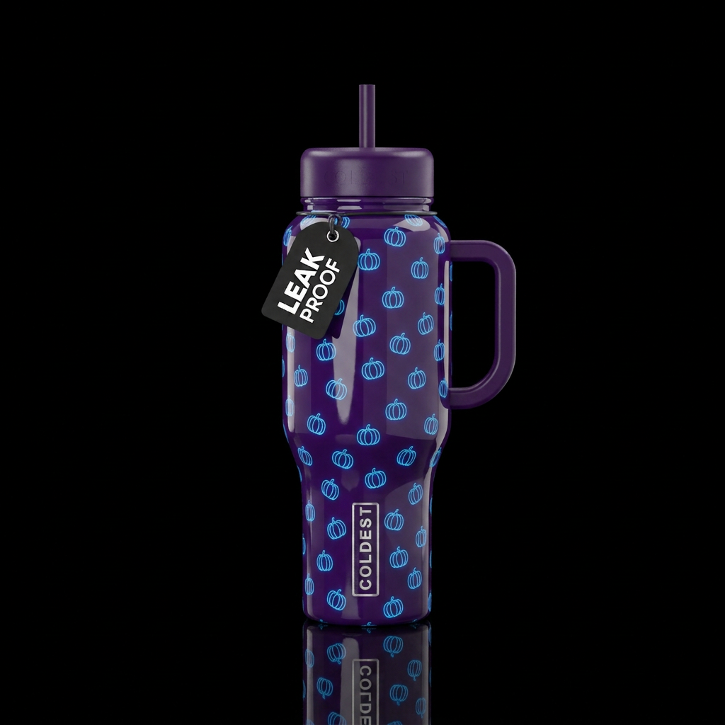 Deep purple with glowie candy blue small pumpkins,... water bottle design