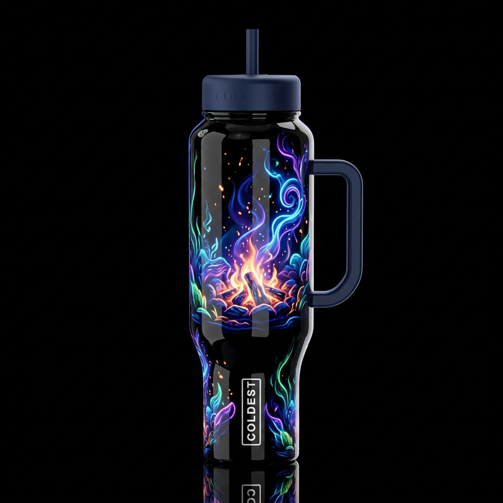 Glowing neon otherworldly glowing, glossy, glowie,... water bottle design