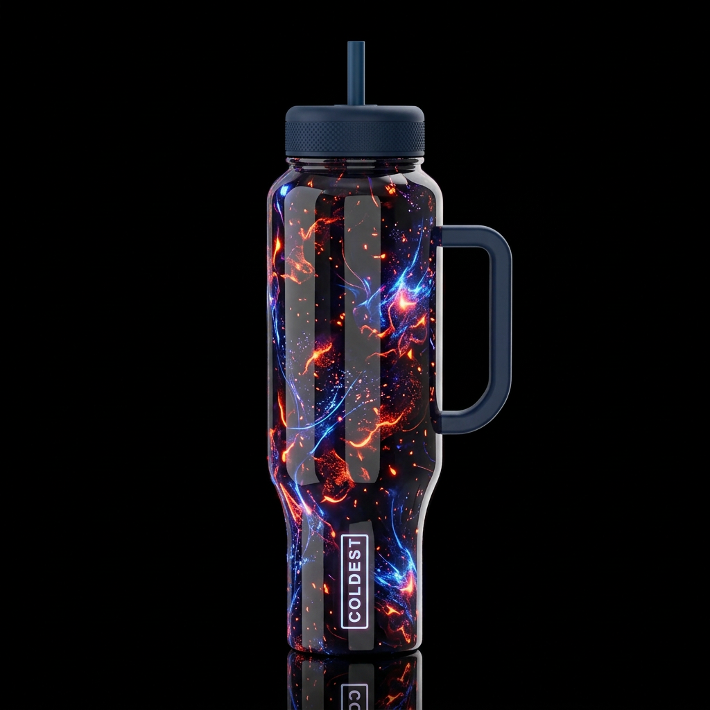 Glowing neon otherworldly glowing, glossy, glowie,... water bottle design