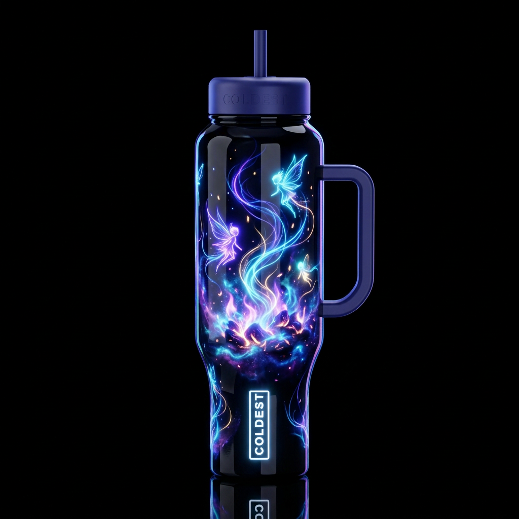 Glowing neon otherworldly glowing, glossy, glowie,... water bottle design