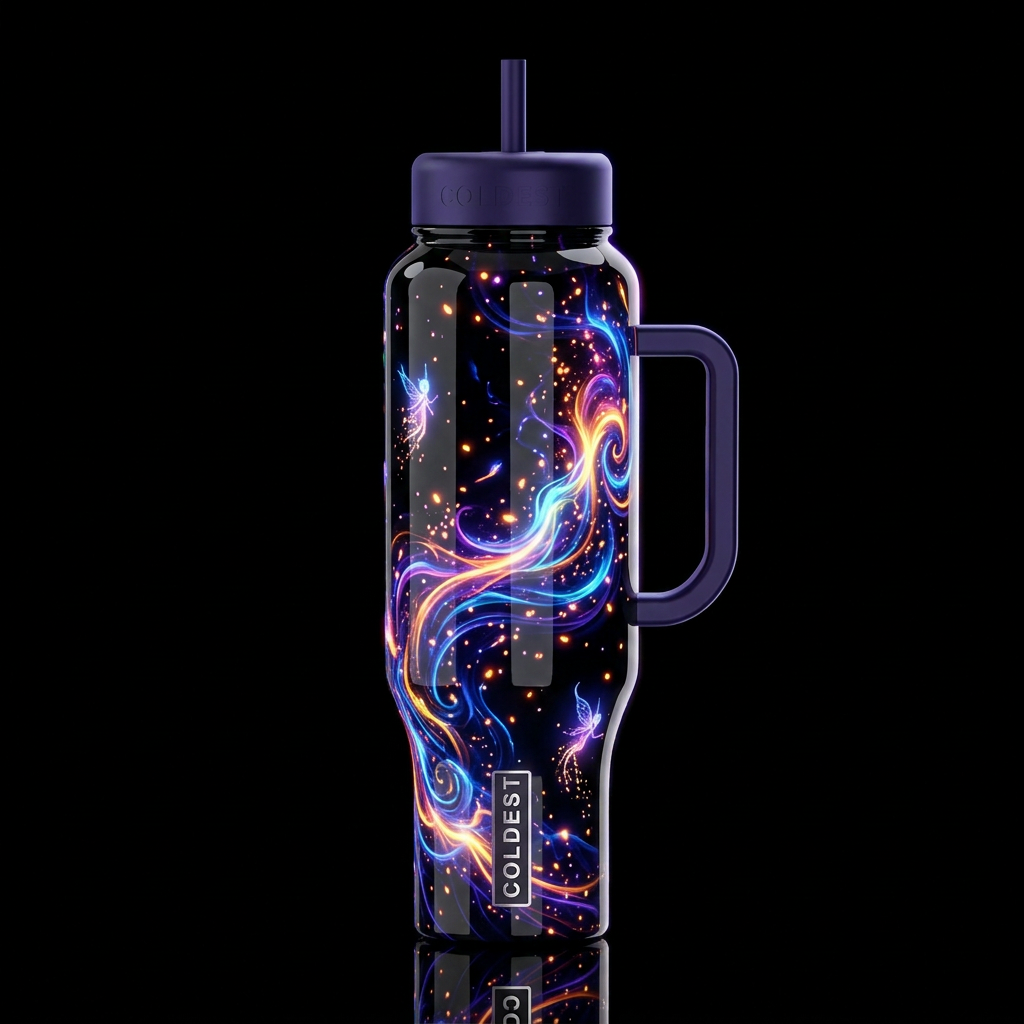 Glowing neon otherworldly glowing, glossy, glowie,... water bottle design