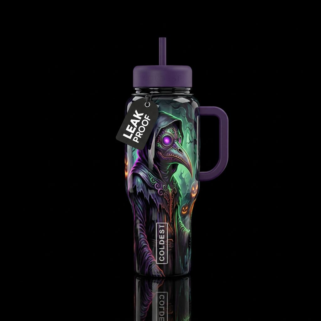 Plague doctor, glossy, glowie, trompe-l'œil, beaut... water bottle design