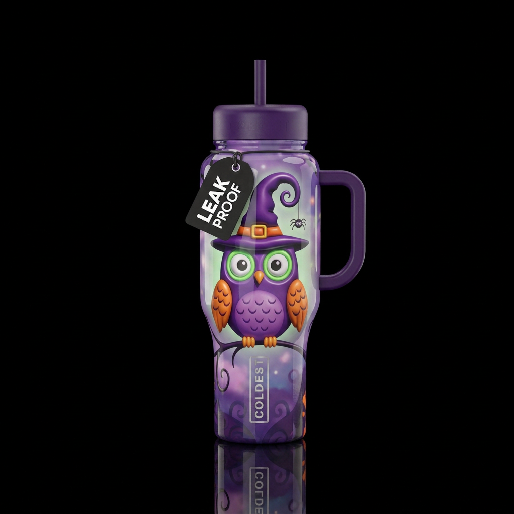 Purple owl green around eyes orange wings, whimsic... water bottle design