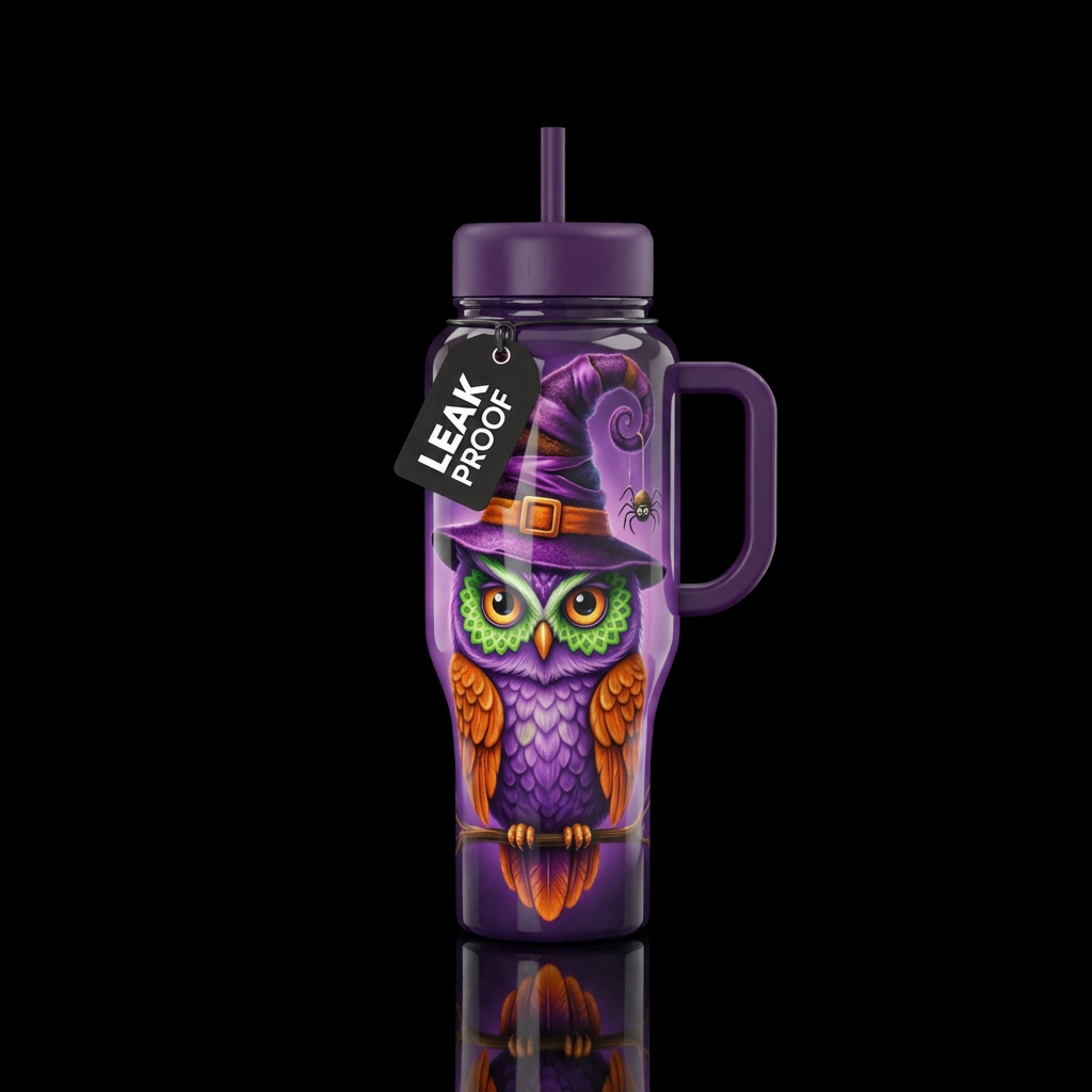 Purple owl green around eyes orange wings, whimsic... water bottle design