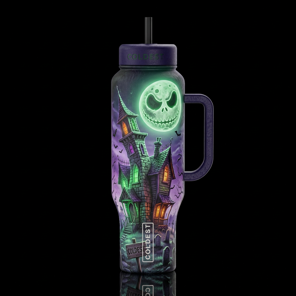 Whimsical neon haunted house,glossy, glowie green ... water bottle design