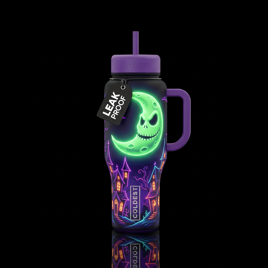 Whimsical neon haunted house,glossy, glowie green ... water bottle design