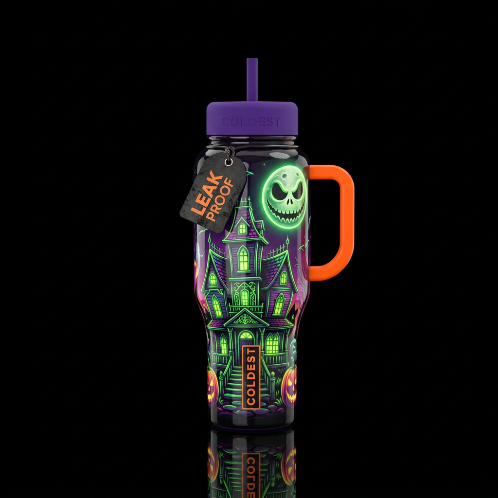 Whimsical neon haunted house,glossy, glowie green ... water bottle design