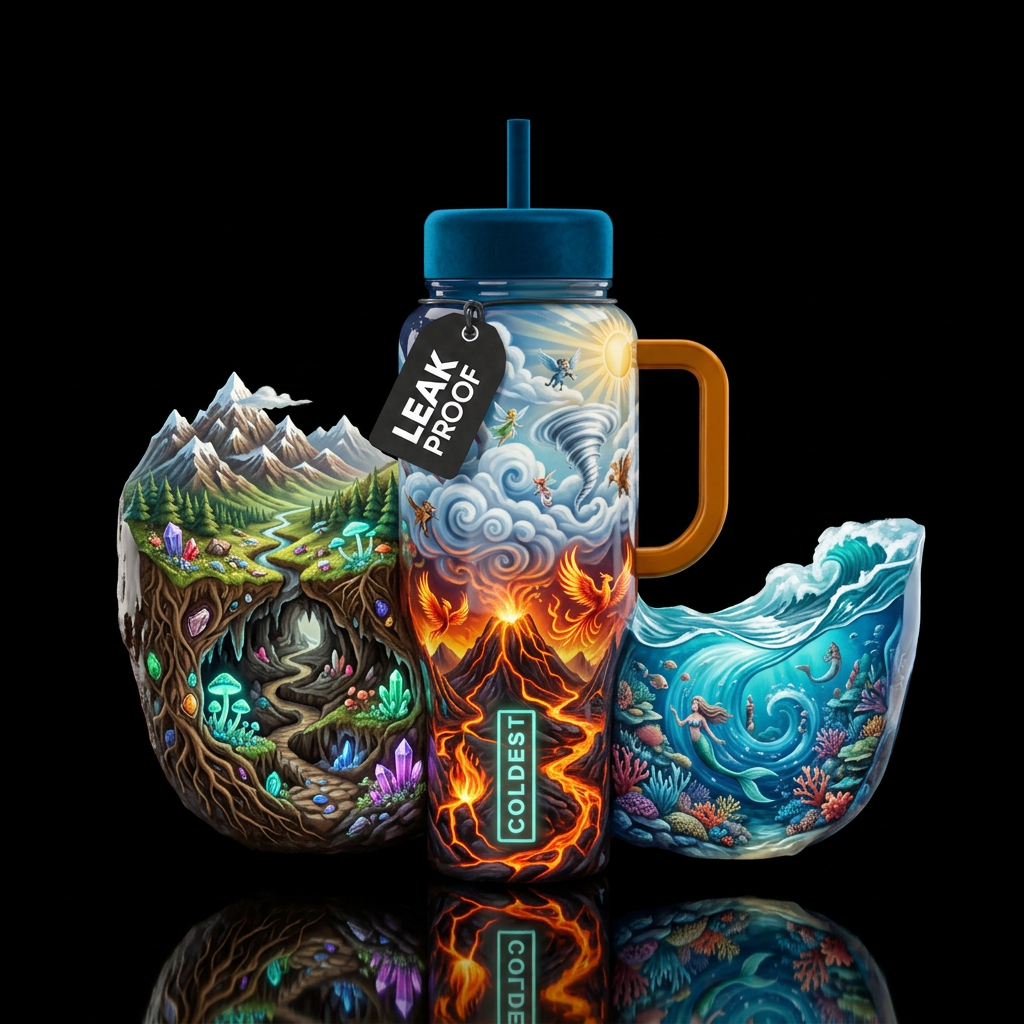 Earth air fire water,glossy, glowie, trompe-l'œil,... water bottle design