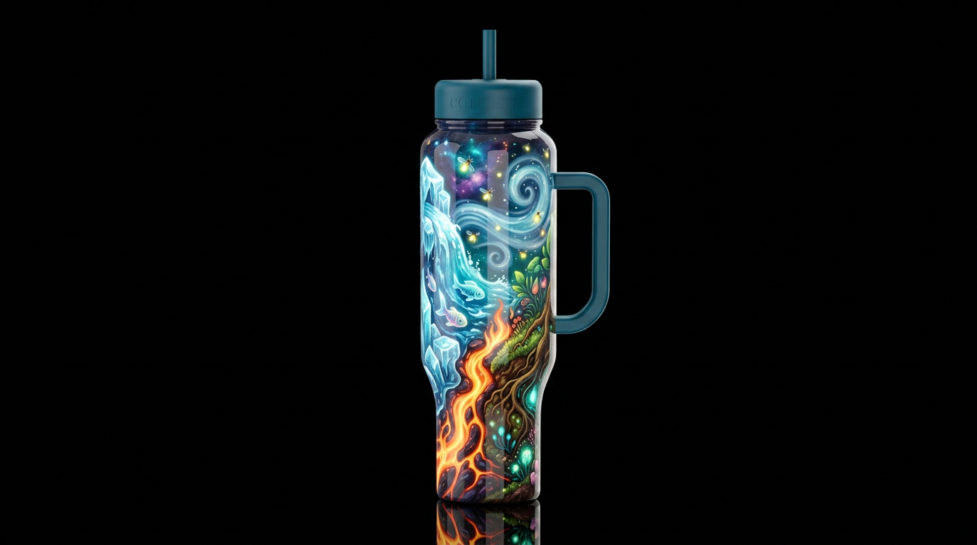 Earth air fire water,glossy, glowie, trompe-l'œil,... water bottle design