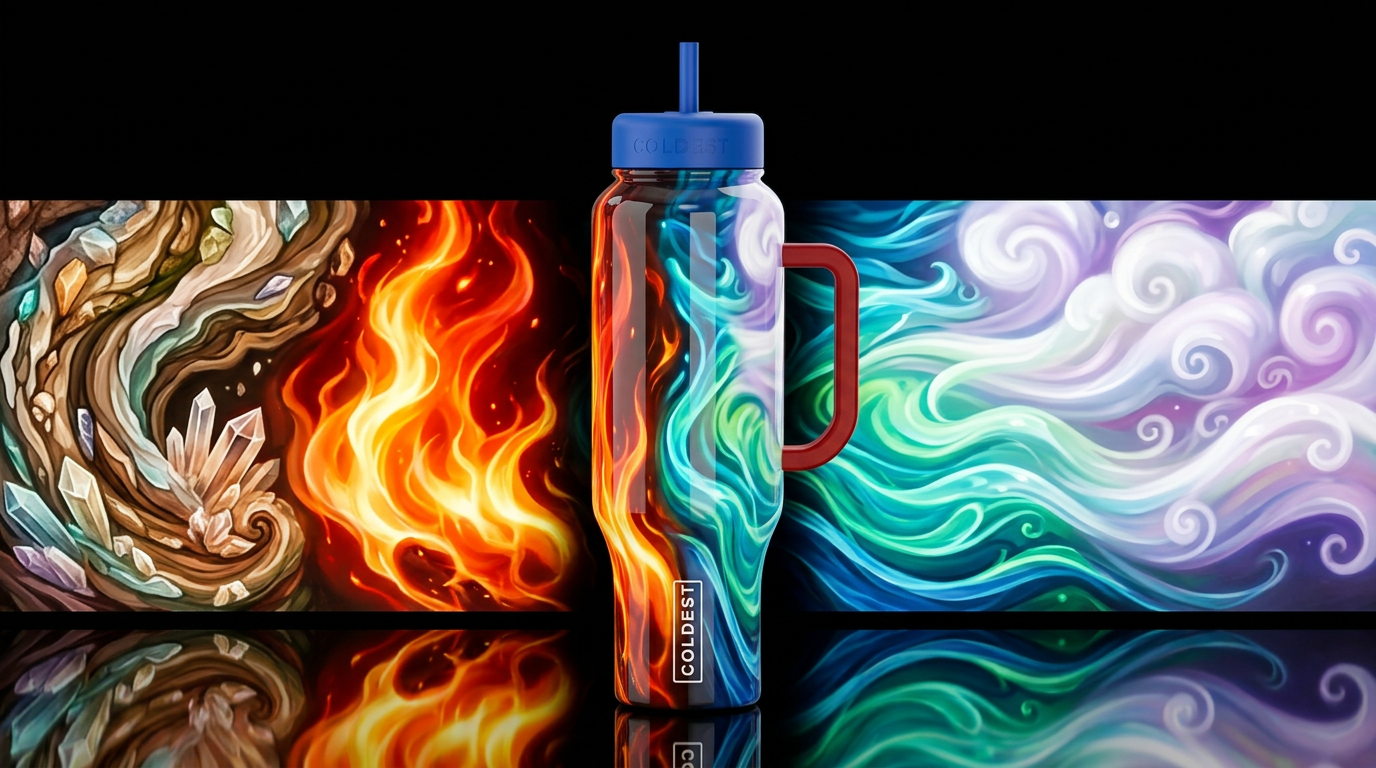 Earth air fire water,glossy, glowie, trompe-l'œil,... water bottle design