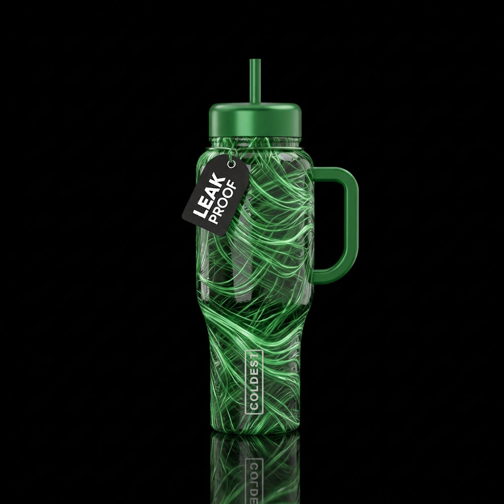 Green glowie threads, wispy, glossy, trompe-l'œil,... water bottle design