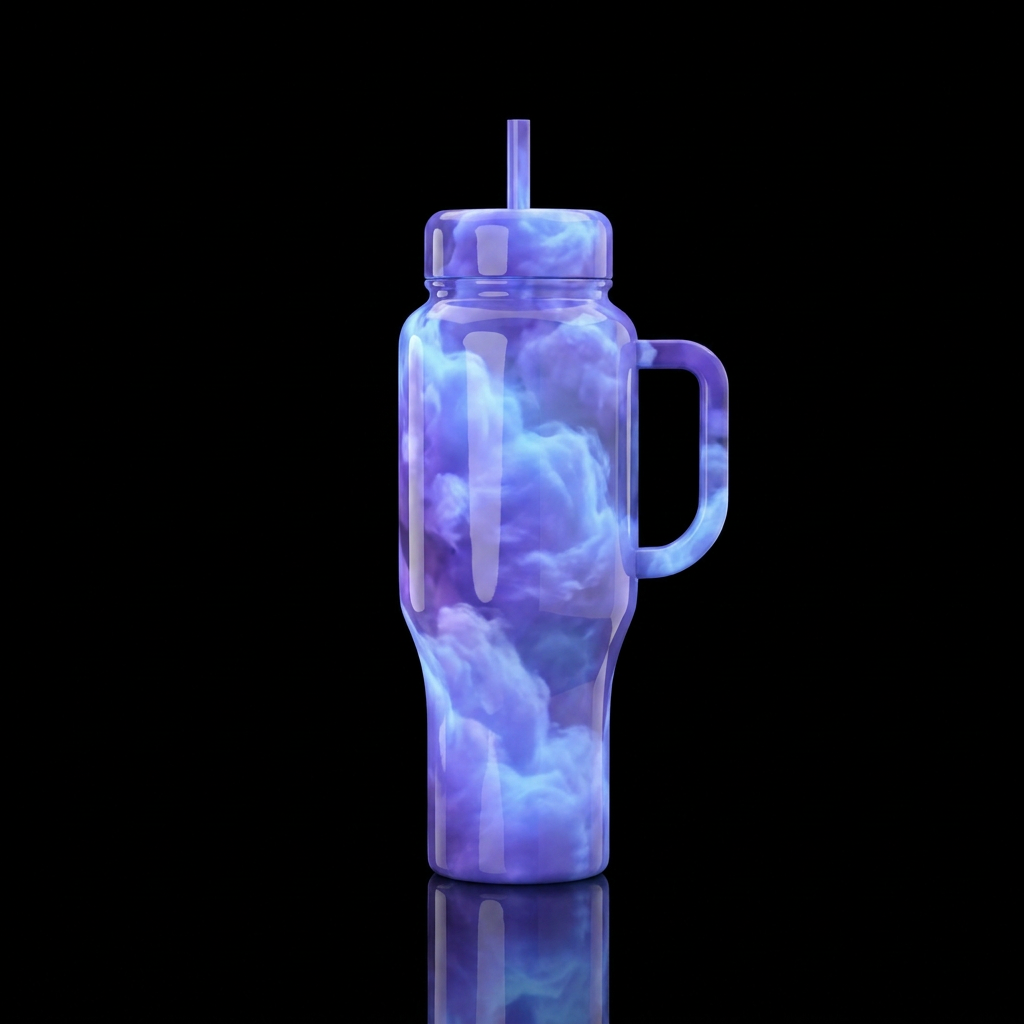 Blue purple glowie cottonpuffs, wispy, glossy, tro... water bottle design
