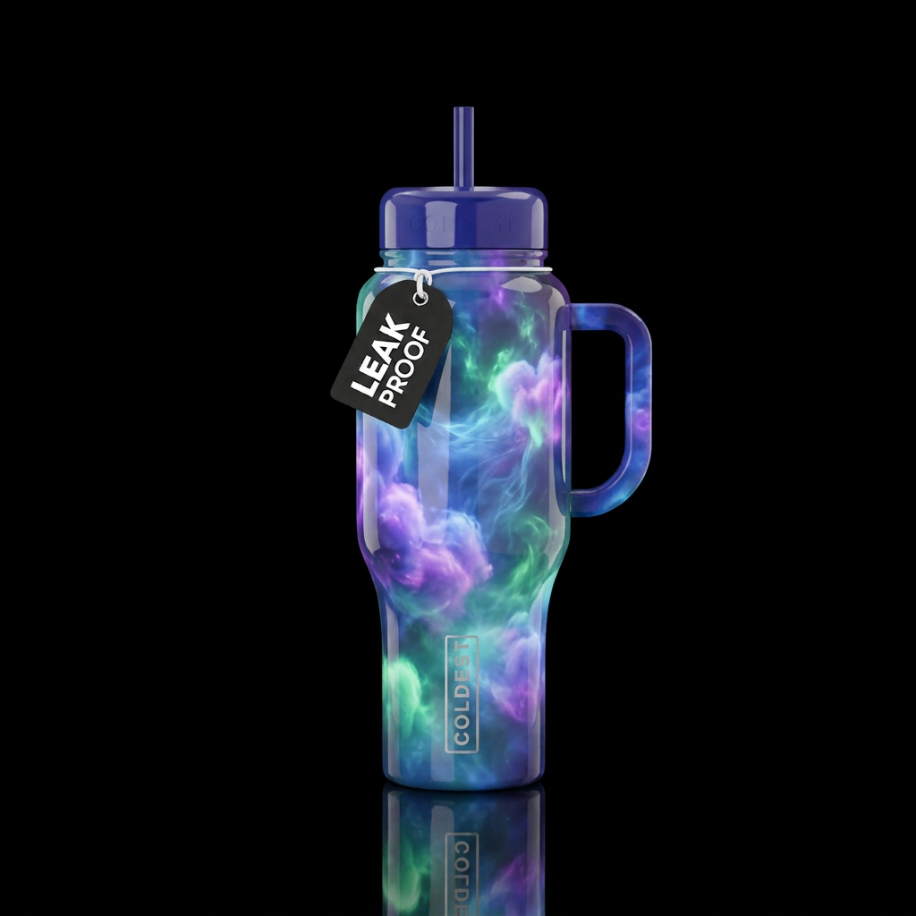 Blue purple green glowie cottonpuffs, wispy, gloss... water bottle design