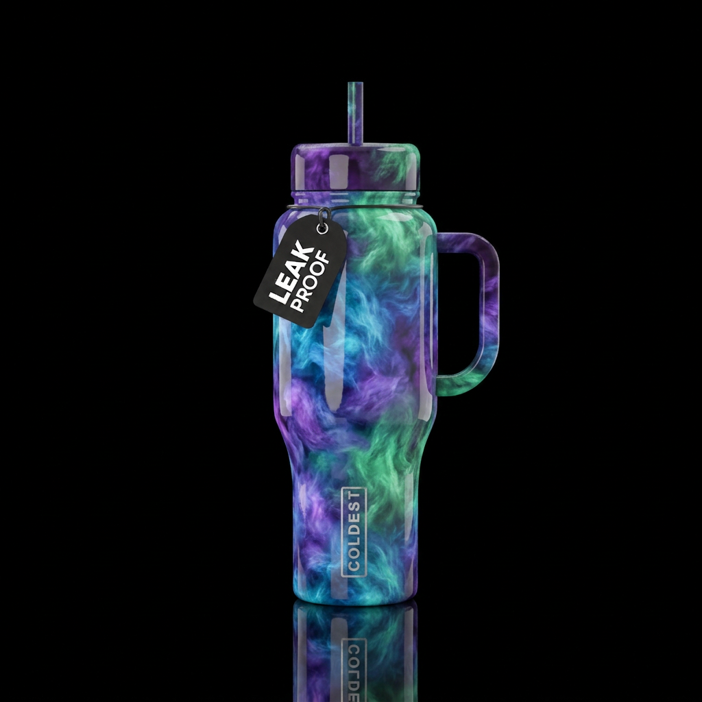 Blue purple green glowie cottonpuffs, wispy, gloss... water bottle design