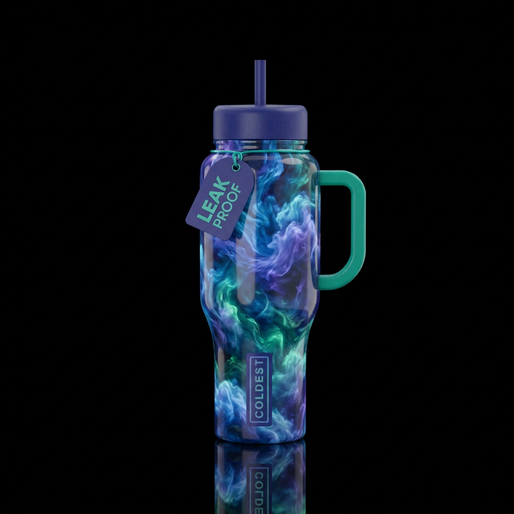 Blue purple green glowie cottonpuffs, wispy, gloss... water bottle design