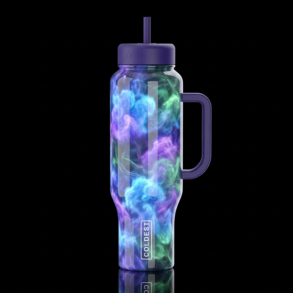 Blue purple green glowie cottonpuffs, wispy, gloss... water bottle design