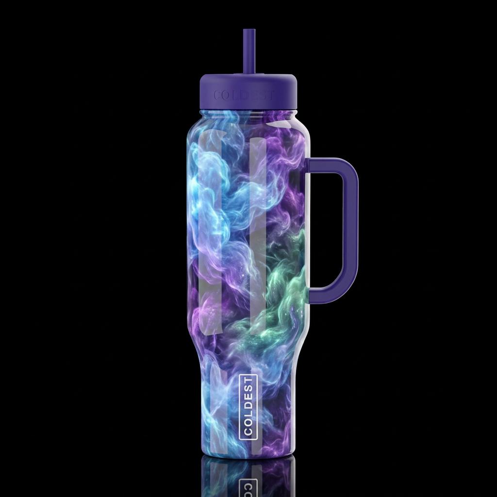 Blue purple green glowie cottonpuffs, wispy, gloss... water bottle design