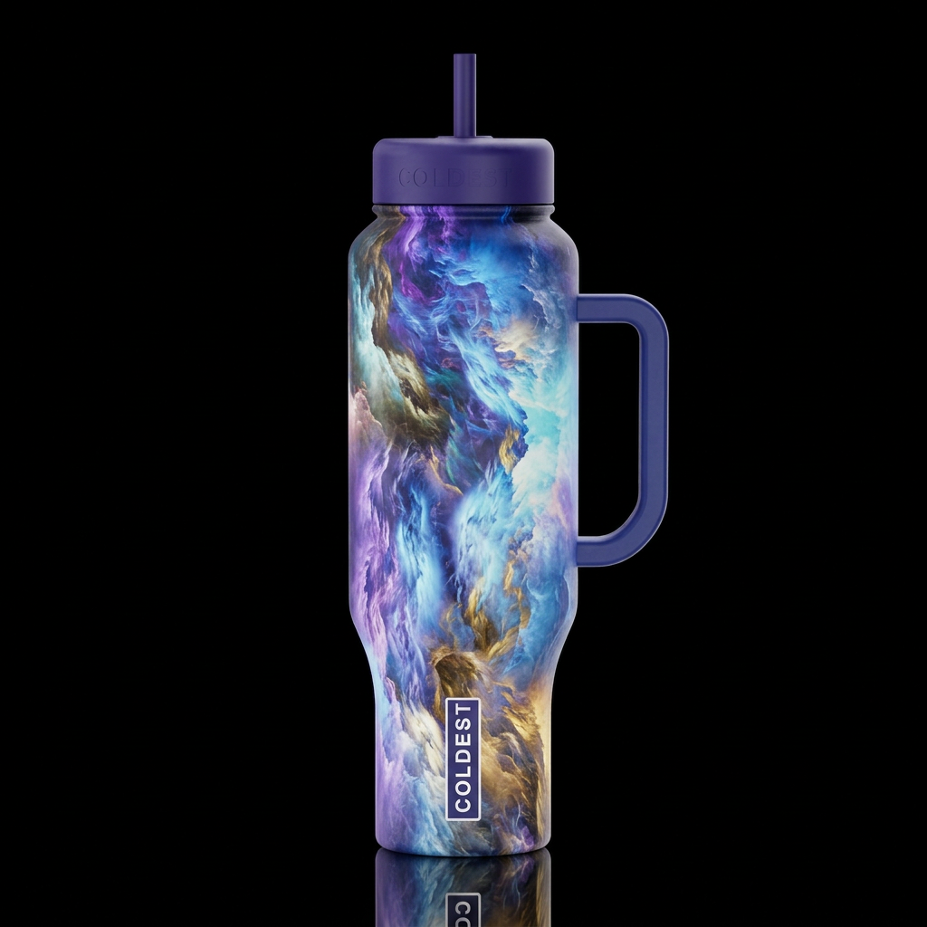 Blue purple gold glowie cottonpuffs, wispy, glossy... water bottle design