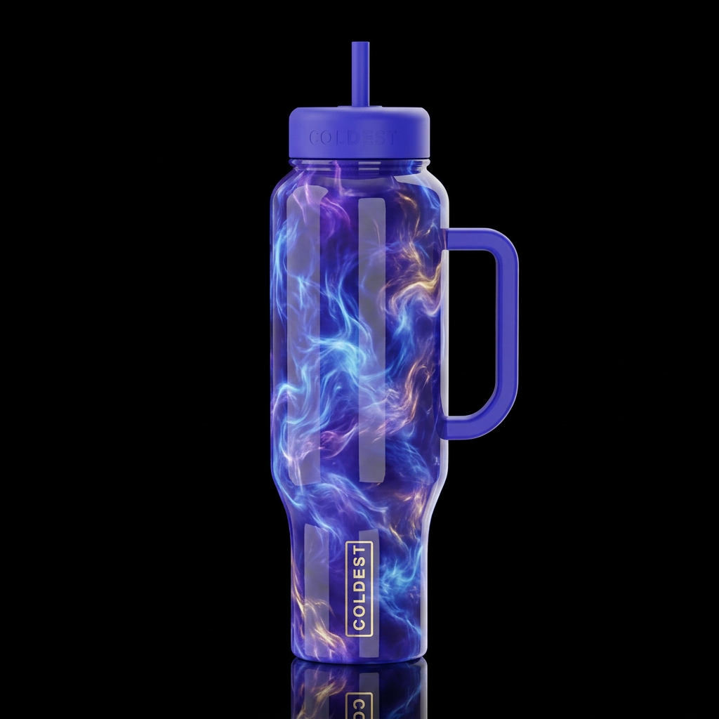 Blue purple gold glowie cottonpuffs, wispy, glossy... water bottle design