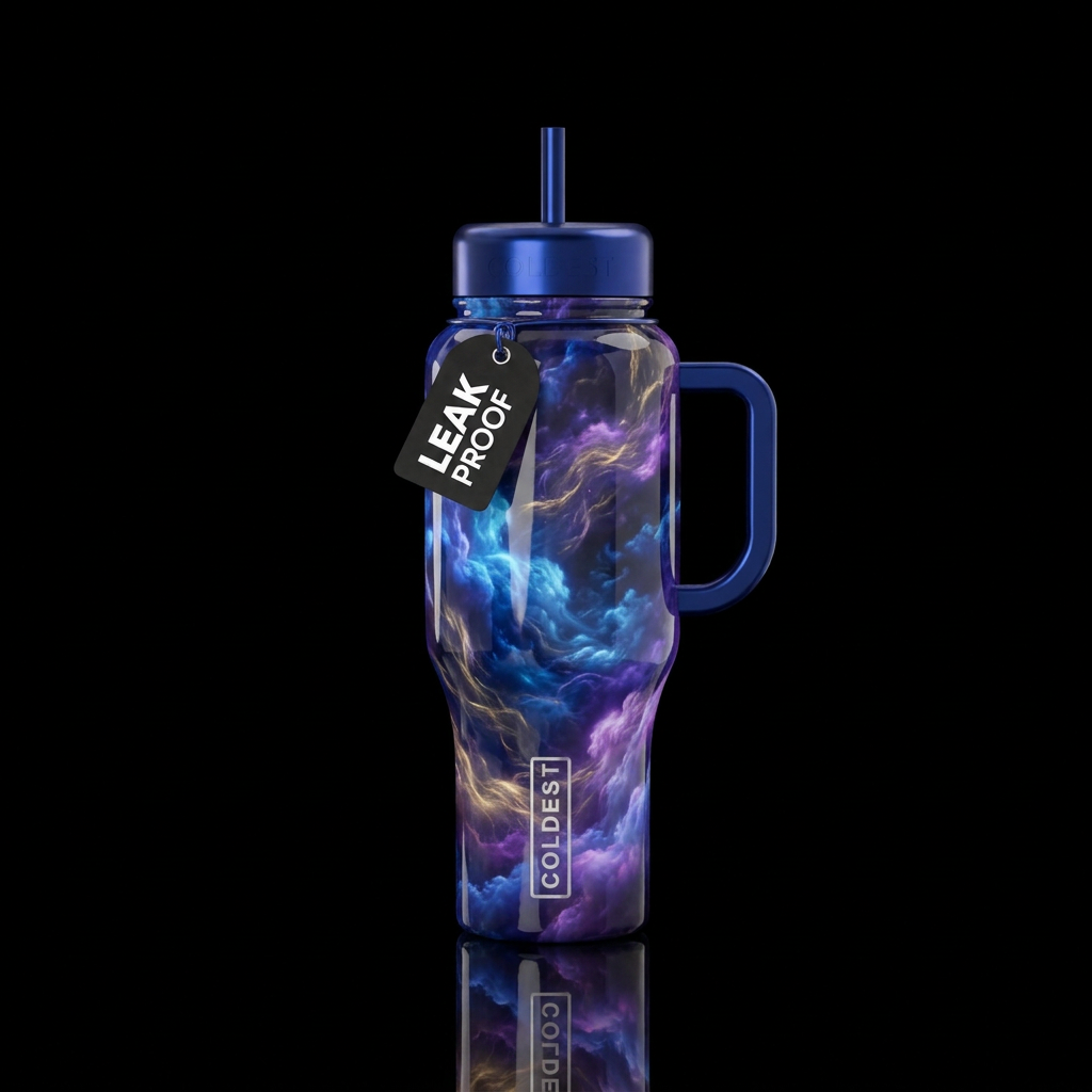 Blue purple gold glowie cottonpuffs, wispy, glossy... water bottle design