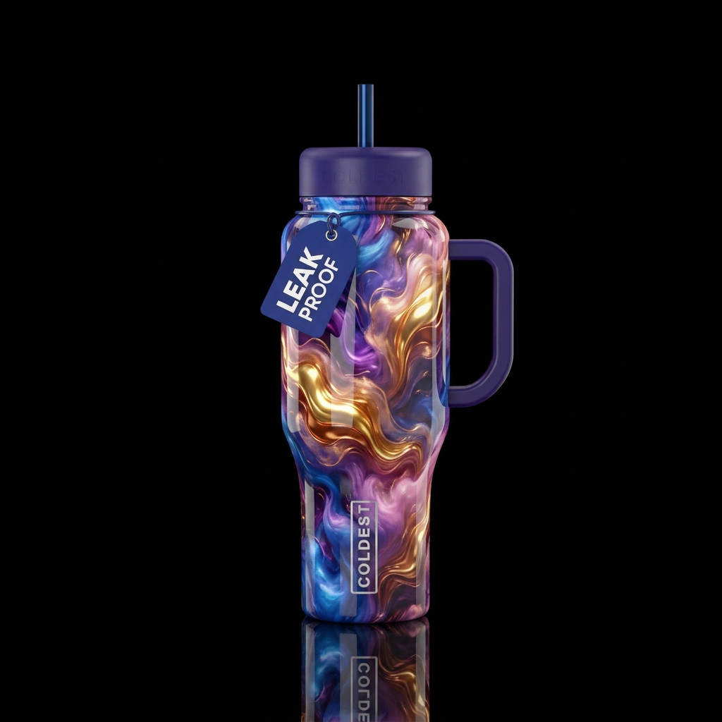 Blue purple gold pink copper glowie cottonpuffs, w... water bottle design