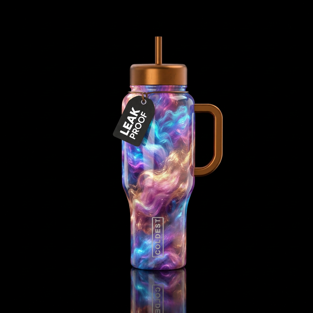 Blue purple gold pink copper glowie cottonpuffs, w... water bottle design