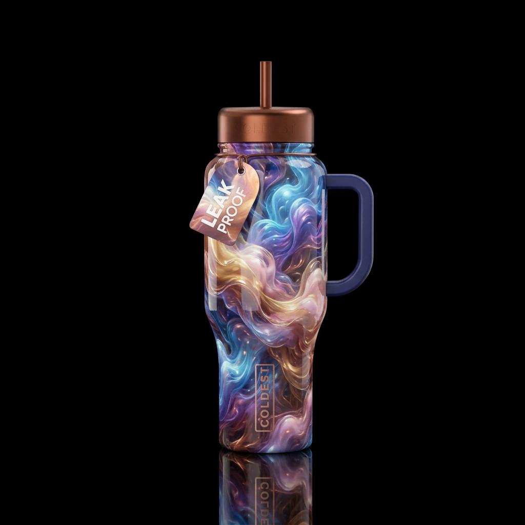 Blue purple gold pink copper glowie cottonpuffs, w... water bottle design