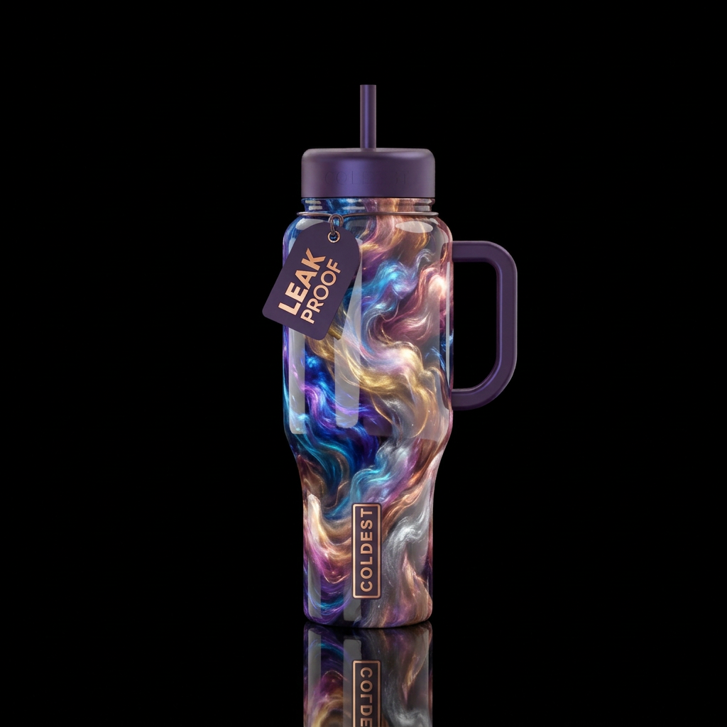 Blue purple gold pink copper silver glowie cottonp... water bottle design