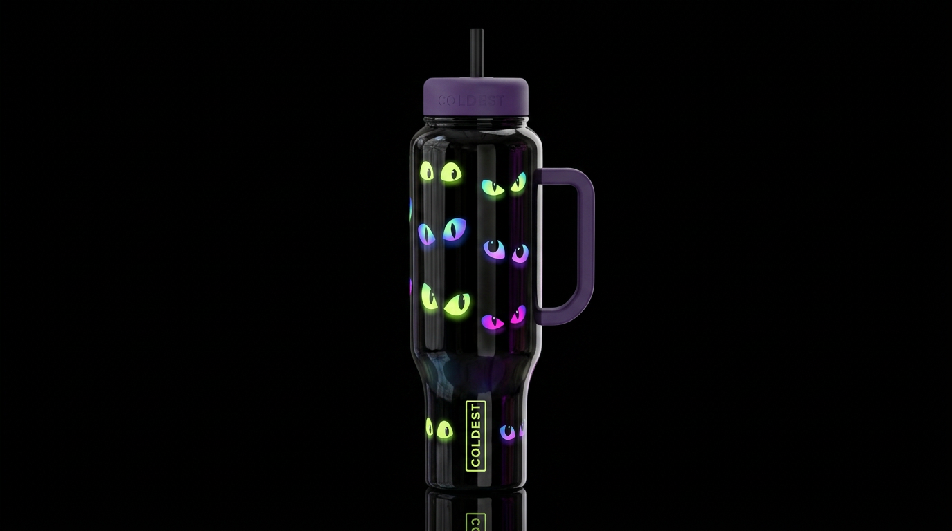 Chartreuse blue purple magenta green glowie eyes, ... water bottle design