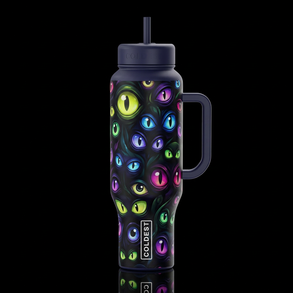 Chartreuse blue purple magenta green glowie eyes, ... water bottle design