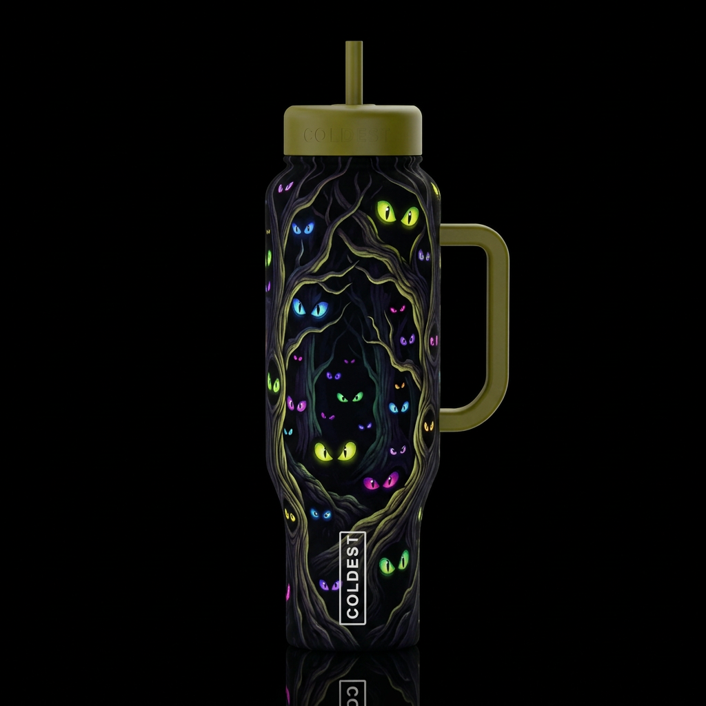 Chartreuse blue purple magenta green glowie eyes, ... water bottle design