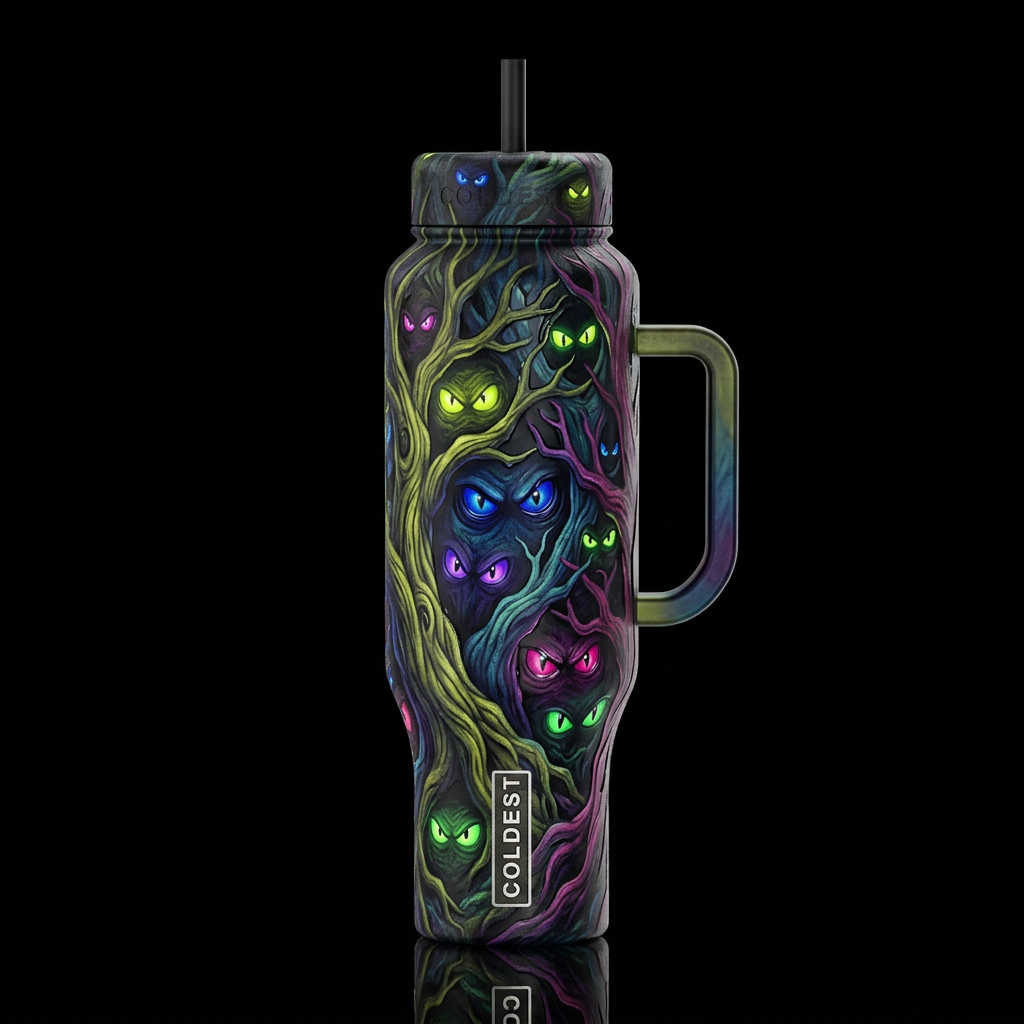 Chartreuse blue purple magenta green glowie eyes, ... water bottle design