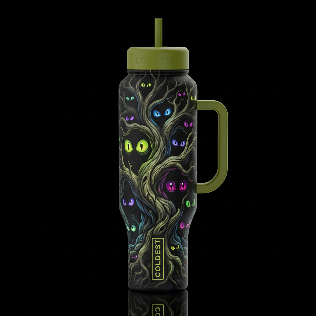 Chartreuse blue purple magenta green glowie eyes, ... water bottle design