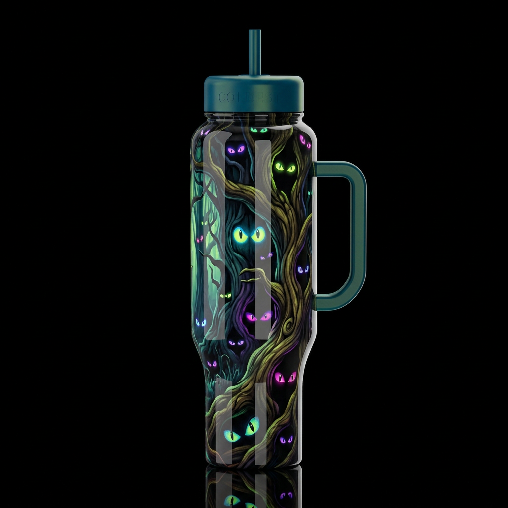Chartreuse blue purple magenta green glowie eyes, ... water bottle design