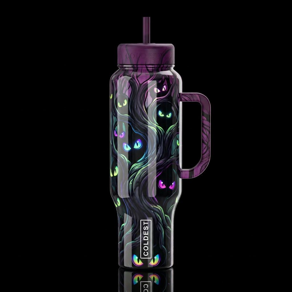 Chartreuse blue purple magenta green glowie eyes, ... water bottle design