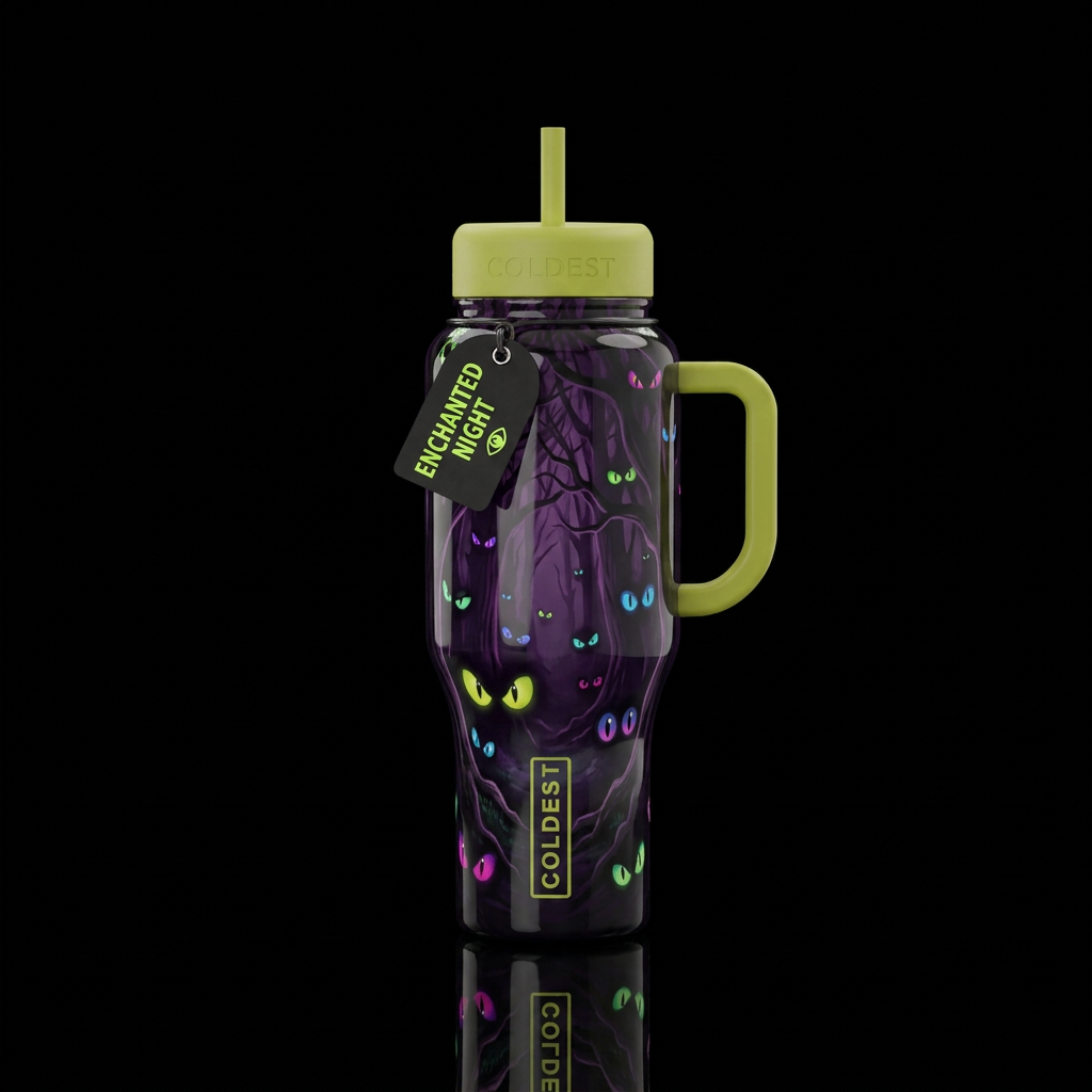 Chartreuse blue purple magenta green glowie eyes, ... water bottle design