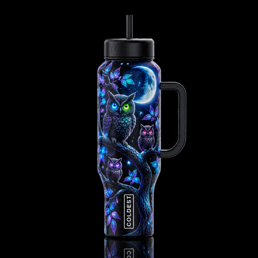 Detailed eyes hoot n glow water bottle design