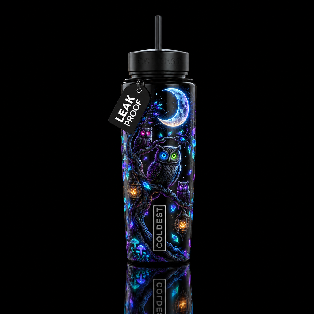 Halloween hoot n glow water bottle design