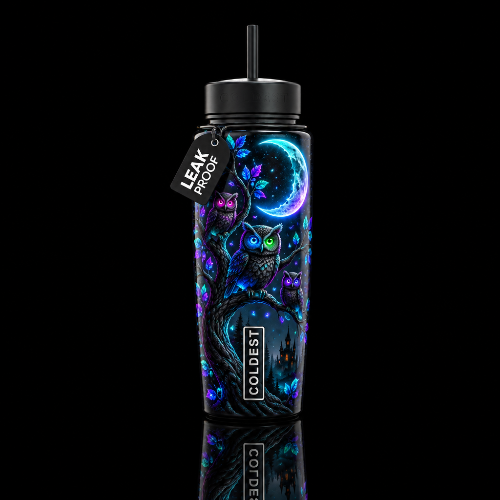 Halloween hoot n glow water bottle design