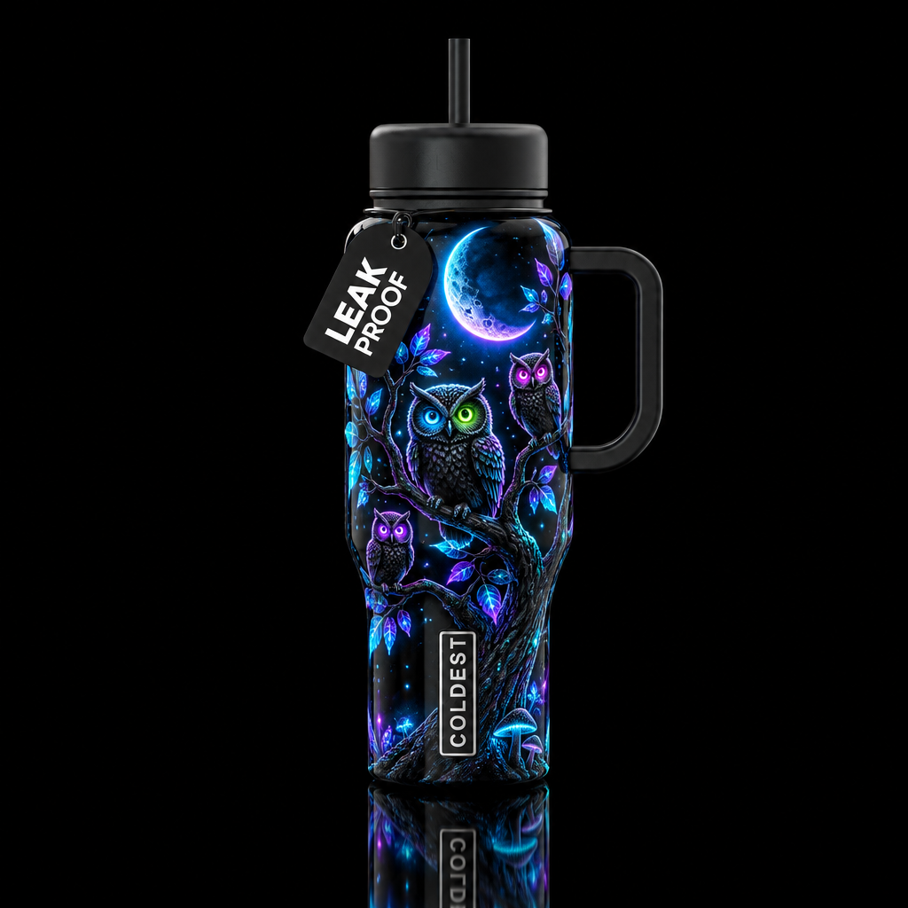 Hoot n glow with mushroom water bottle design