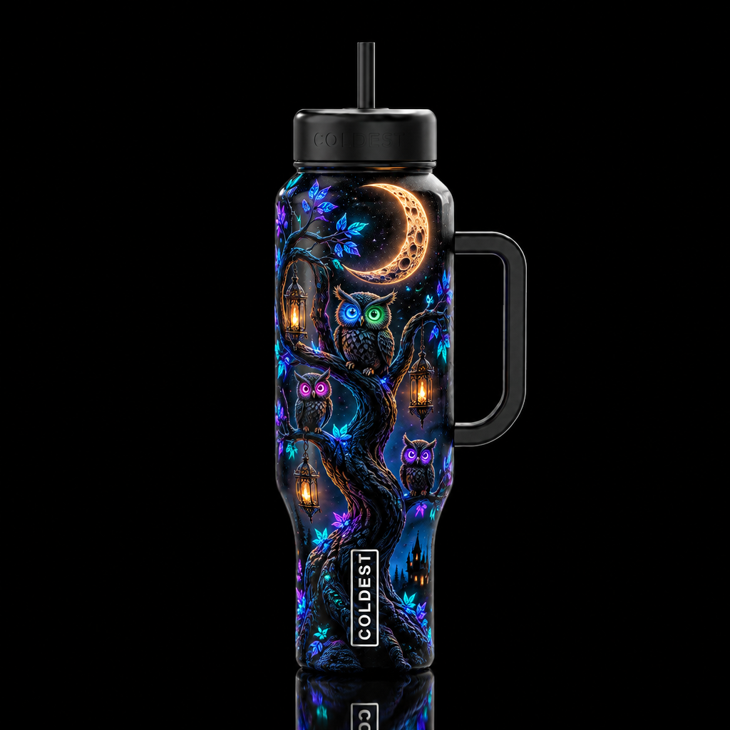 Hoot n glow with lanterns water bottle design