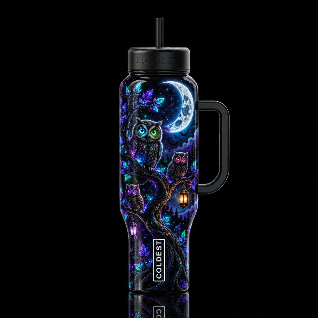 Hoot n gloww with lanterns and bats water bottle design
