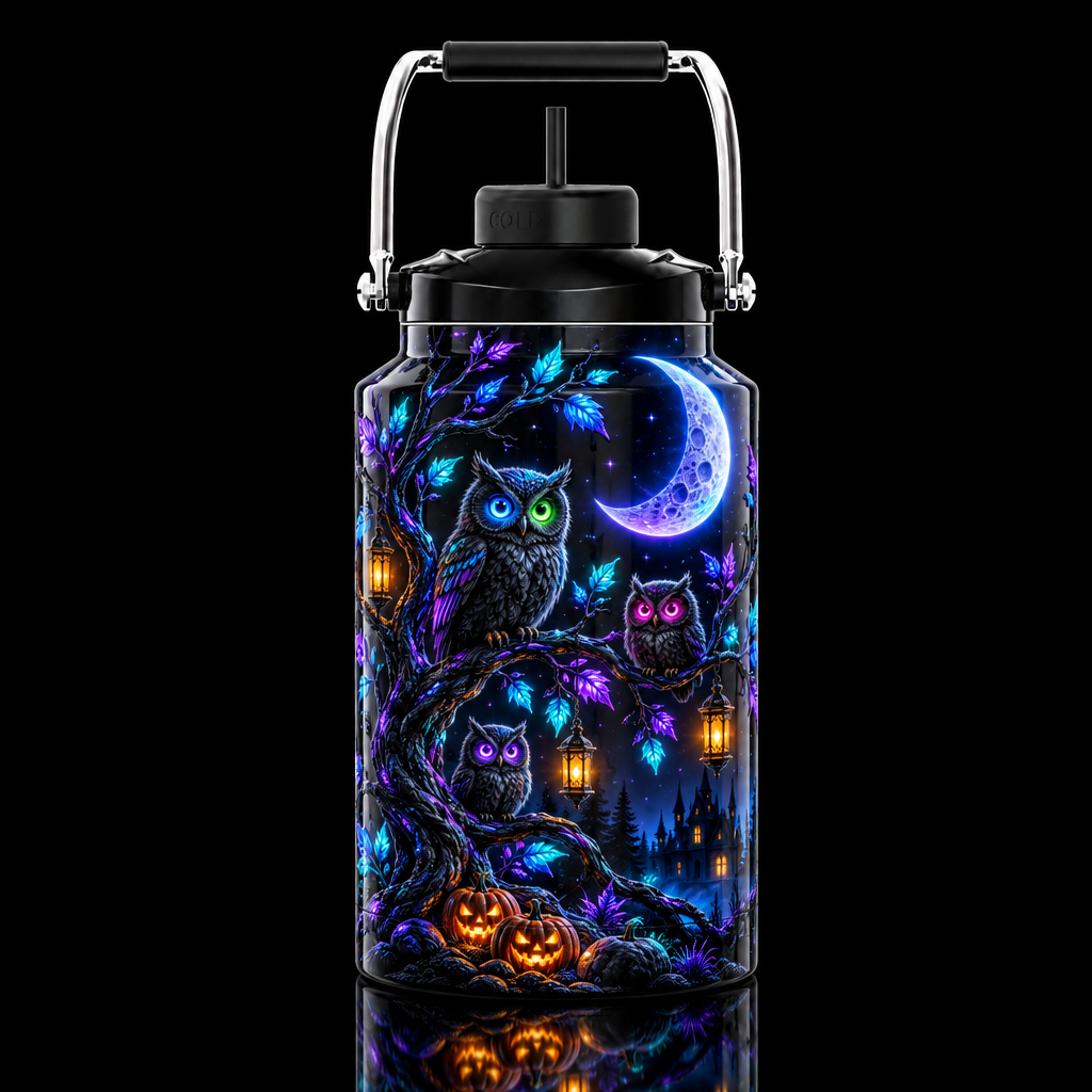 Hoot n glow with lantern and pumpkins water bottle design