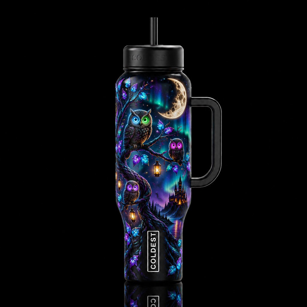 Hoot n glow with eerie castle water bottle design