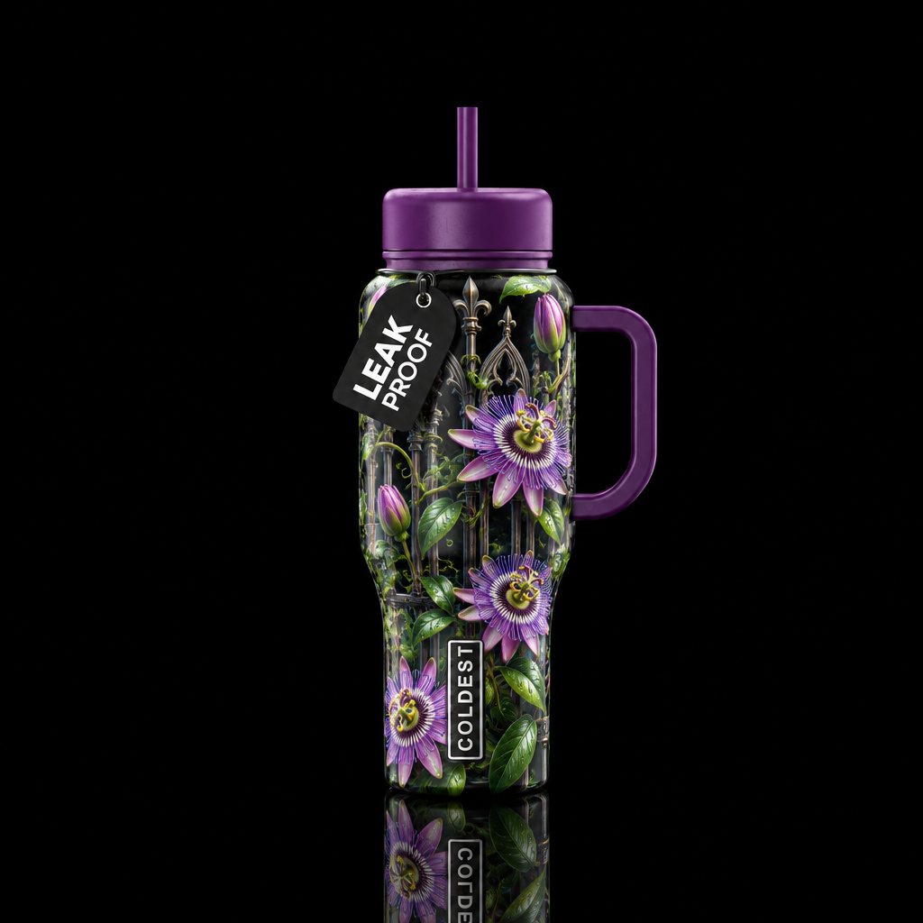 Beautiful passion flowers vining up gothic trellis... water bottle design