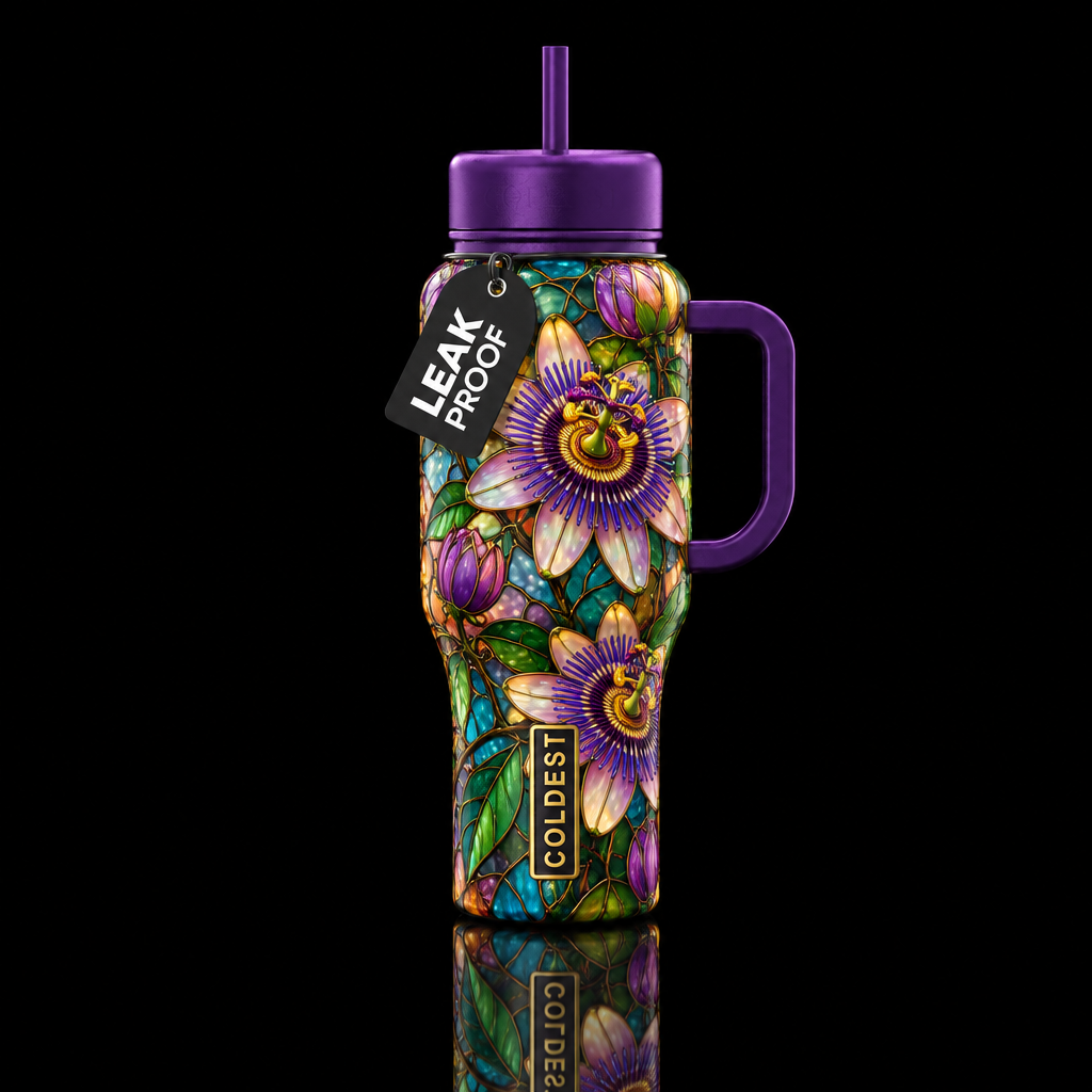 Passion flowers, Tiffany lamp inspired glass, glos... water bottle design