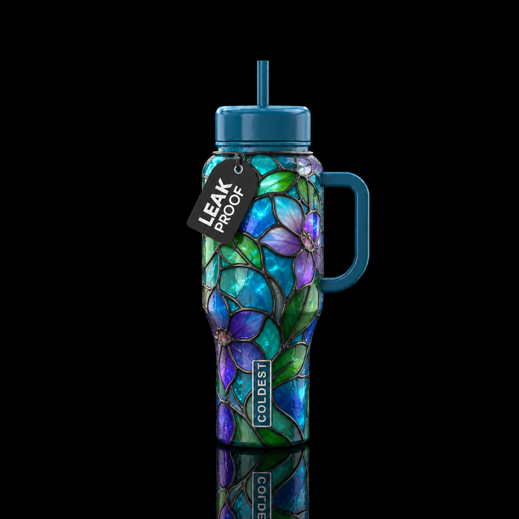 Clematis stained glass water bottle design