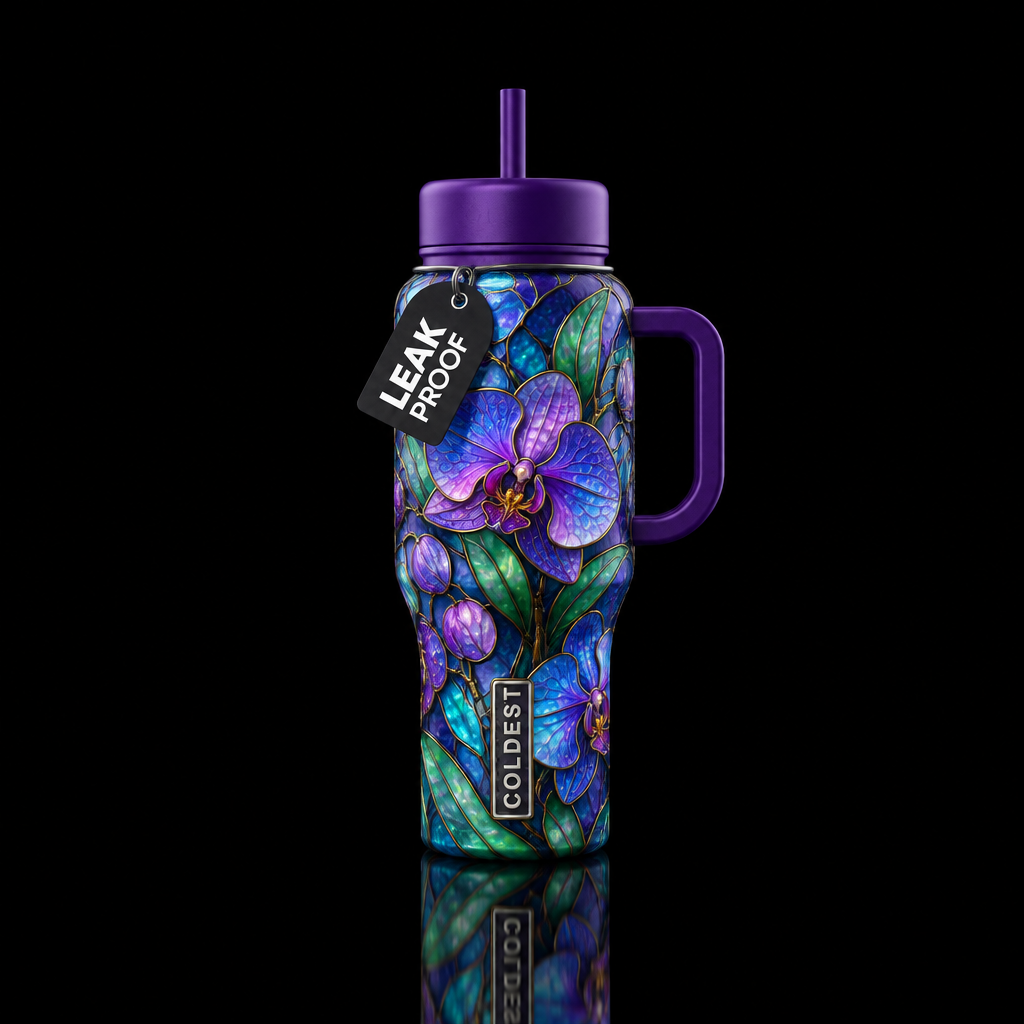 Stained glass orchids water bottle design
