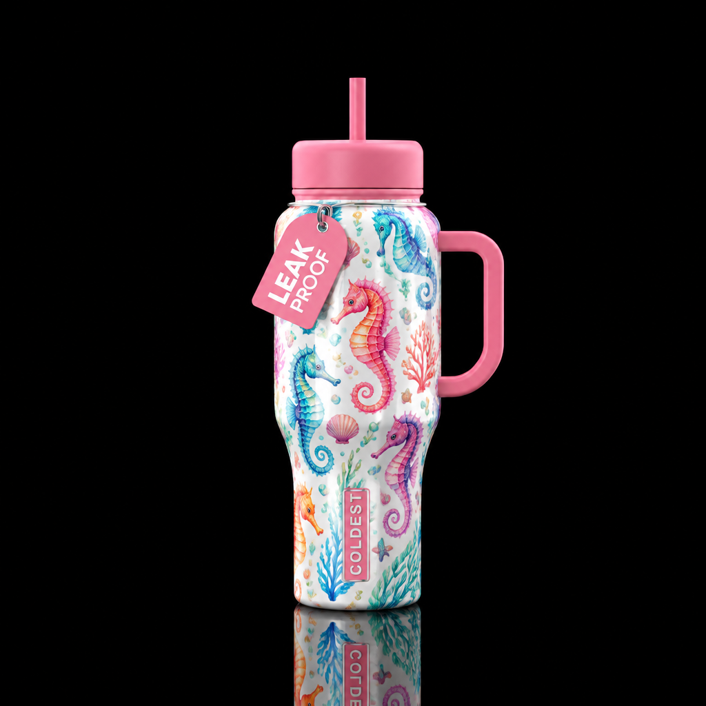 Whimsical seahorses water bottle design